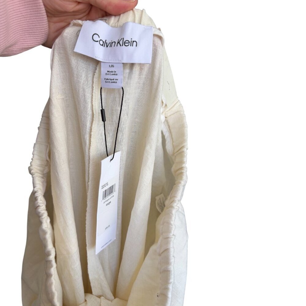 NWT Calvin Klein Creme Linen Wide Leg Pants Draw String Waist size L - Picture 9 of 11